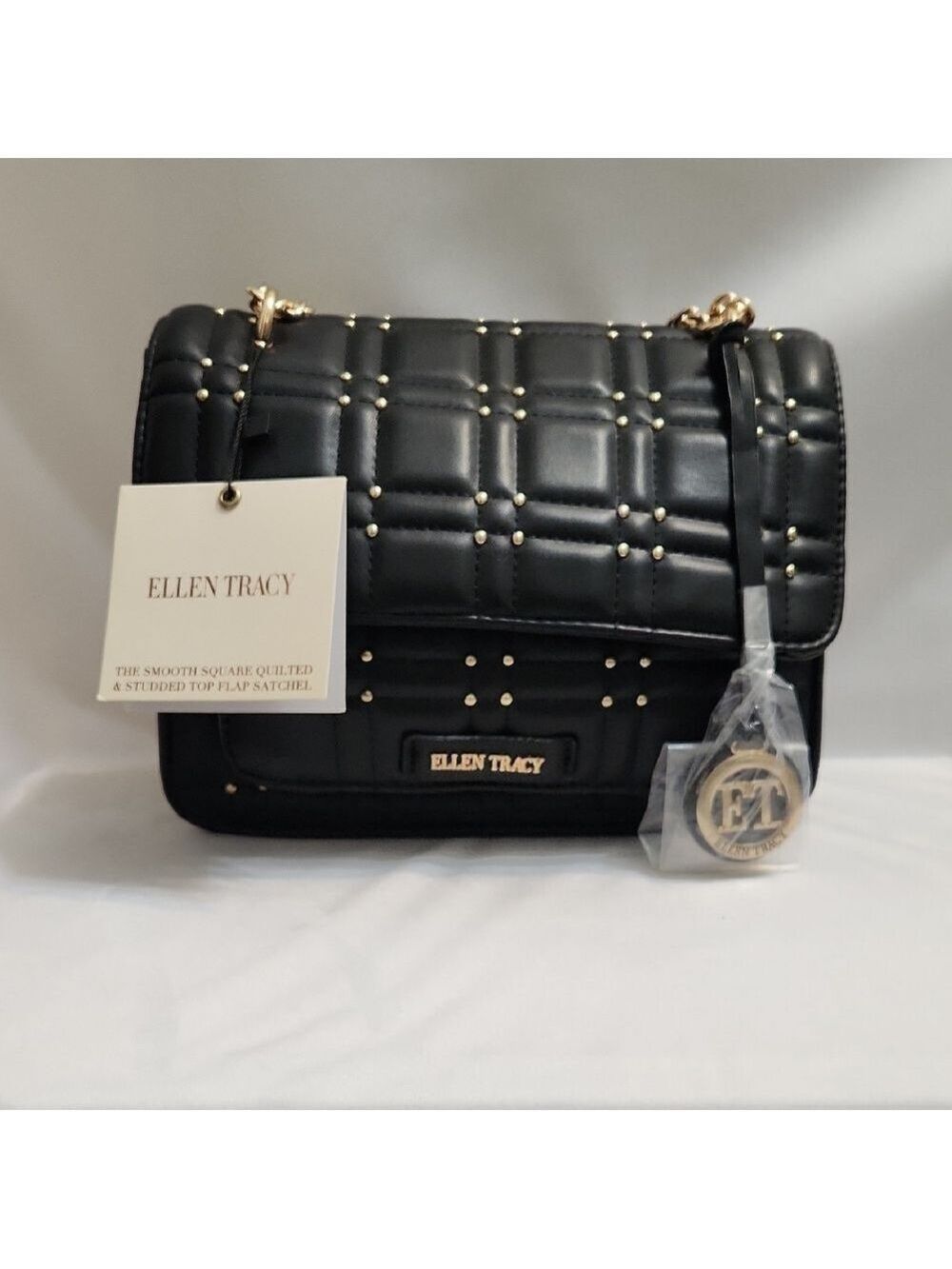 Ellen Tracy The Smooth Square Quilted Studded Top Flap Black Gold Satchel